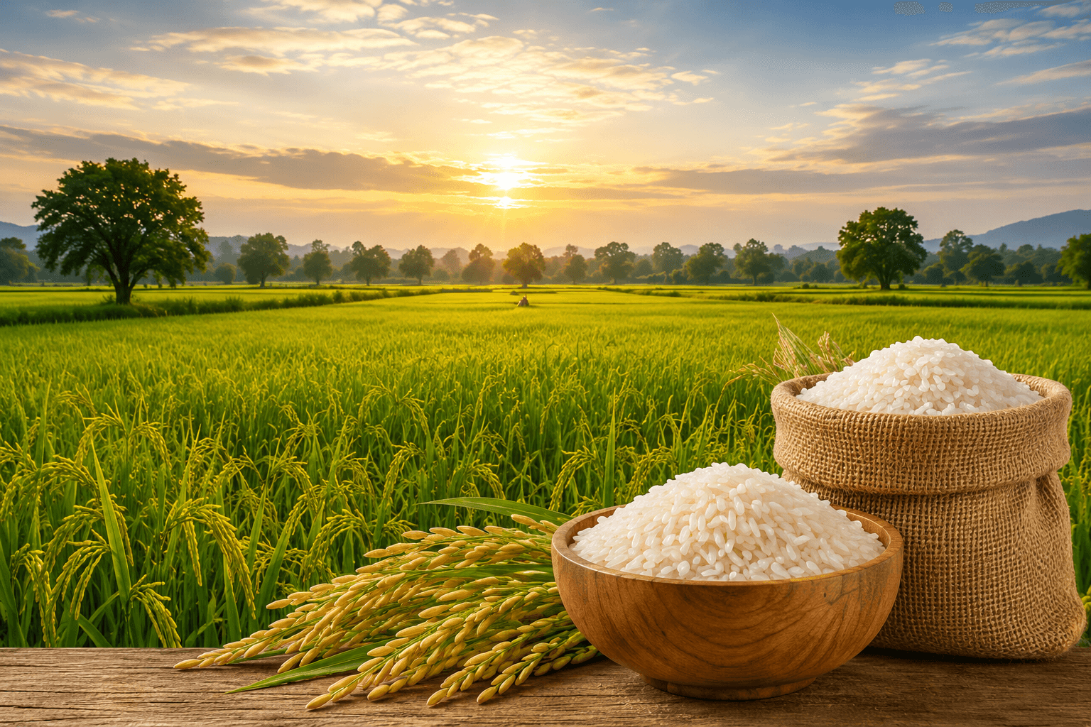Lush rice paddy fields at sunset with fresh Annadabhog rice in a wooden bowl